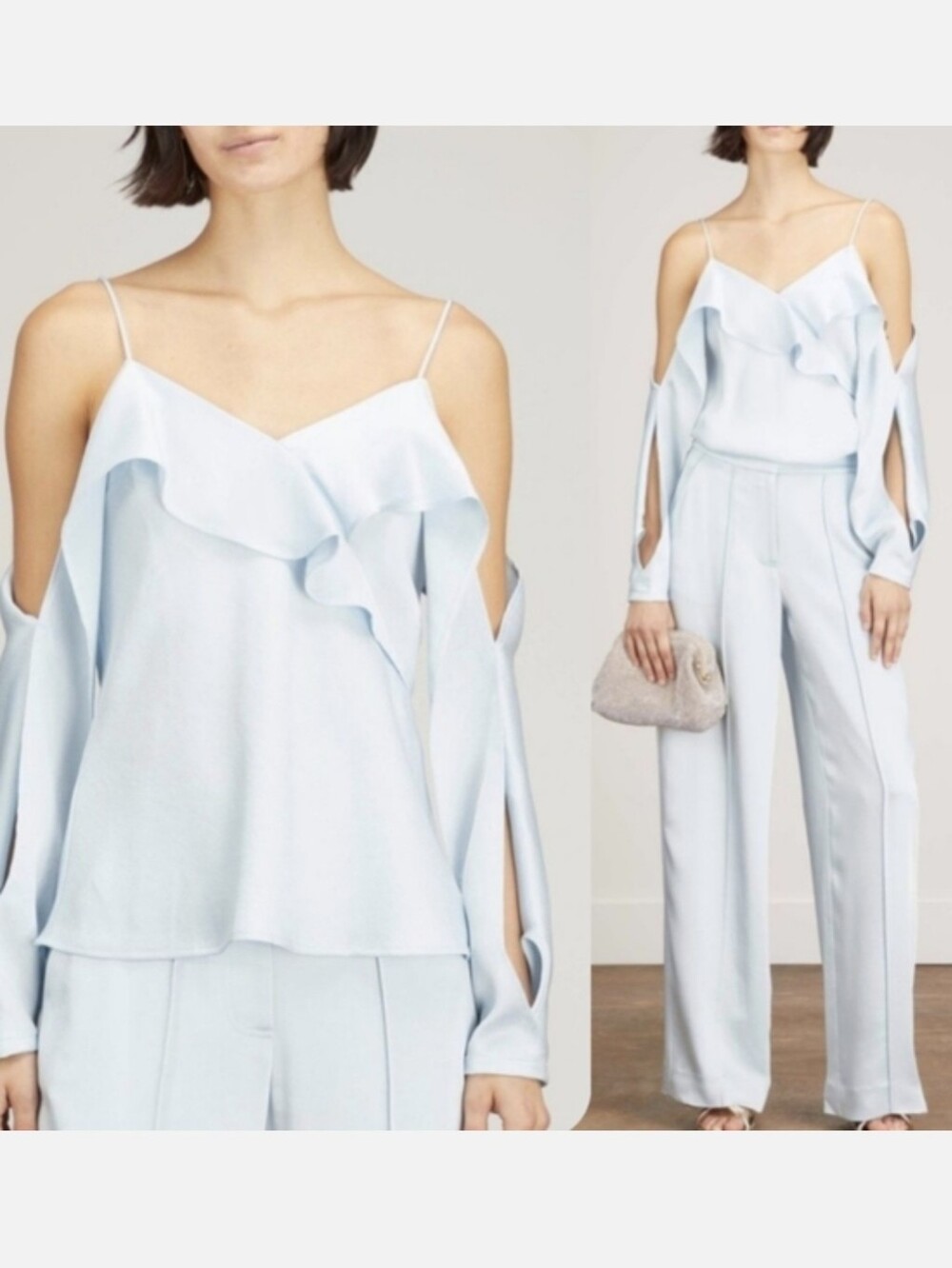 NWT Jonathan Simkhai Satin Off Shoulder Cut Out Top in Light Sky, Small